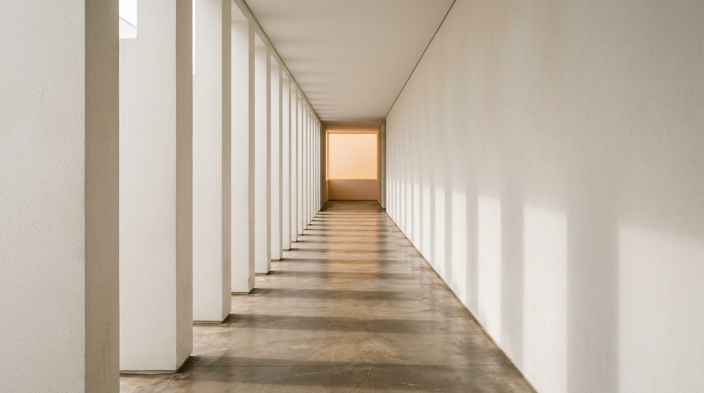 A corridor of repeating white columns with rhythmic light and shadow